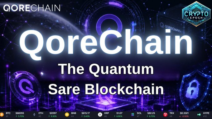A promotional banner for QoreChain highlights it as "The Quantum Safe Blockchain," displayed alongside crypto ticker prices including BTC at $63,355, ETH at $2,097, SOL at $82.25, and HYPE at $10, with a "Crypto Epoch" badge in the corner—visually supporting the post's announcement of the $QOR token's MEXC Kickstarter and upcoming spot trading launch.