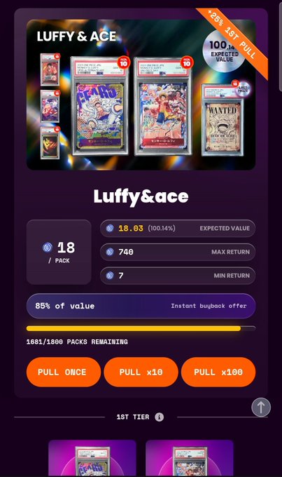 The image displays a collection of Pokemon trading cards, specifically showing Lufy & Ace, Pull 19, and an unknown card. The website offers two different prices for these trading cards - $5 and 100 yen per pack, respectively. These cards are described as being in limited supply, making them highly sought after by collectors.