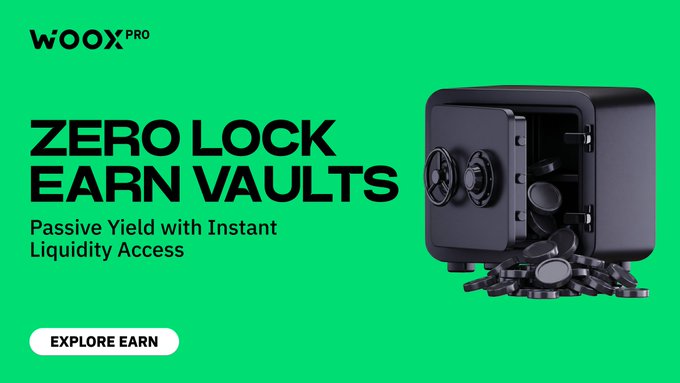 Woox Pro advertisement on a bright green background promoting 'ZERO LOCK EARN VAULTS' with 'Passive Yield with Instant Liquidity Access' and an 'EXPLORE EARN' button, featuring an image of coins spilling from a safe.