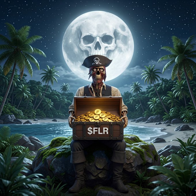 An illustration of a skeletal pirate wearing a hat, sitting on a rock on a beach at night with a full skull moon behind him. He holds an open treasure chest filled with gold coins, with the text '$FLR' on the front.