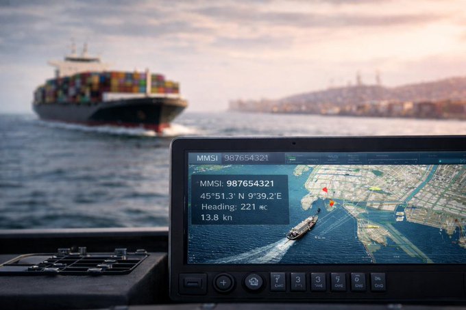 A maritime navigation display showing MMSI 987654321, coordinates 45°51.3' N 9°39.2'E, heading 221°, speed 13.8 kn, with a large container ship visible in the background water.
