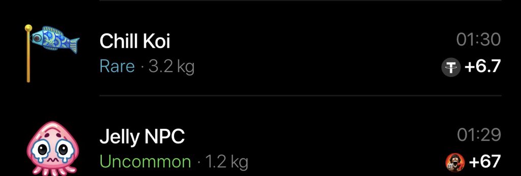 A game interface displays two fishing catches: a "Chill Koi" (Rare, 3.2 kg) worth $6.7 USDT with a time of 01:30, and a "Jelly NPC" (Uncommon, 1.2 kg) worth +67 tokens with a time of 01:29, visually confirming the rewards mentioned in the post about the Fish Maxxing event.