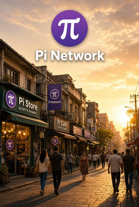 A sunset street scene in a Southeast Asian-style town featuring pedestrians walking past storefronts with purple signs for 'Pi Store ACCEPT PI PAYMENT' and 'Pi Café COFFEE & MORE,' overlaid with the Pi Network logo and 'Pi Network' text at the top.