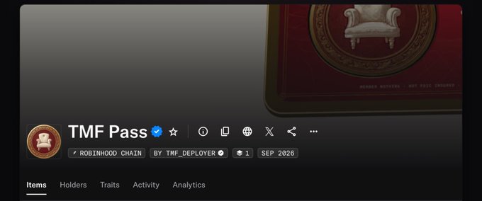 A digital token listing page displays 'TMF Pass' on 'ROBINHOOD CHAIN' created by 'TMF_DEPLOYER' in 'SEP 2026', alongside a red card featuring an armchair illustration.