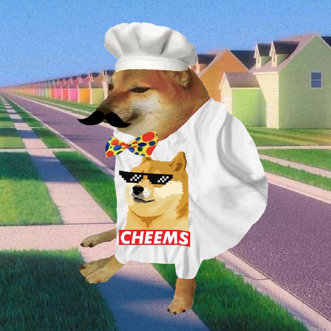 A surreal image of a Cheems dog dressed as a chef with a mustache and polka-dot bow tie, standing in front of a row of colorful suburban houses.