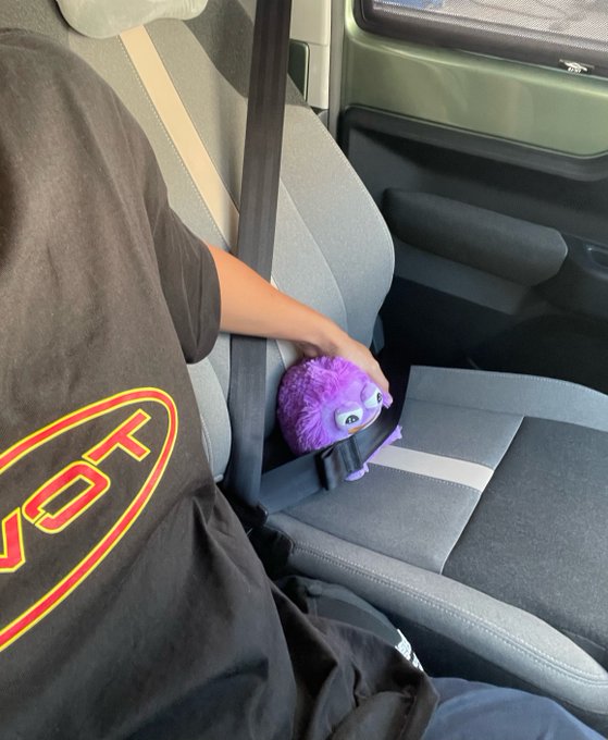 A passenger sits in a car holding a purple, furry seatbelt cushion shaped like a creature around their shoulder strap, wearing a black t-shirt with a red and yellow 'NOT' graphic.