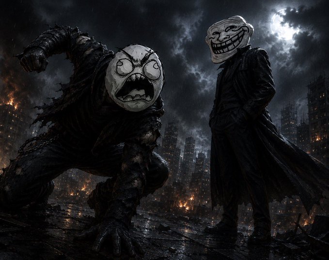 The image features two people standing next to each other with their faces painted as monsters. One of them has a mask covering his face while the other one does not have any mask on, making them look like evil creatures from another world. The background shows buildings in a city setting, which adds an urban atmosphere to the scene. The caption reads "either you're a $TROLL or a $RAGEGUY and quite frankly, deep down.. you prolly both". This suggests that the person with the mask is evil and the other one might be innocent or has a different perspective on their situation.