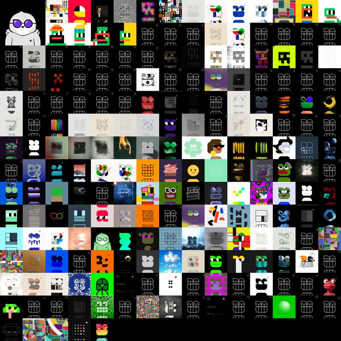 A dense grid collage containing numerous small, diverse digital art pieces, avatars, and pixel art characters in various colors and styles.