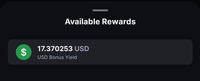 A mobile app screen displaying 'Available Rewards' with a balance of '17.370253 USD' and 'USD Bonus Yield' next to a green dollar sign icon.