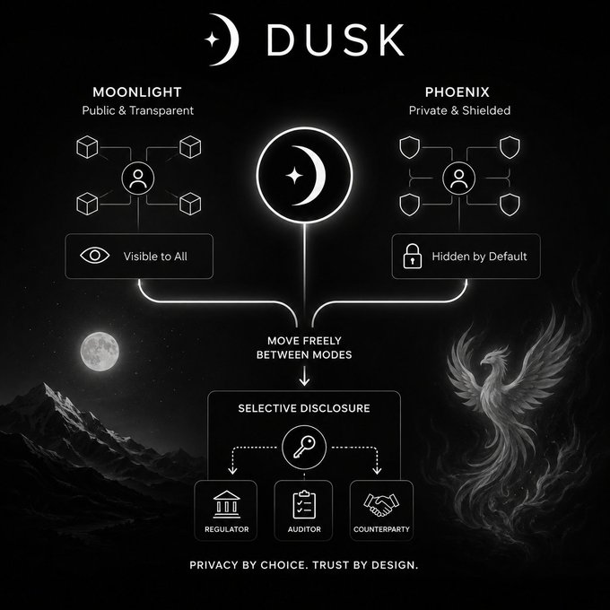 A dark infographic titled 'DUSK' explaining two privacy modes: 'MOONLIGHT - Public & Transparent' (Visible to All) and 'PHOENIX - Private & Shielded' (Hidden by Default), with a central flow leading to 'SELECTIVE DISCLOSURE' for Regulator, Auditor, and Counterparty, captioned 'PRIVACY BY CHOICE. TRUST BY DESIGN.'
