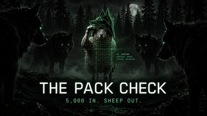 A wolf in a wireframe mask labeled "ID: UNKNOWN, SPECIES: SHEEP, STATUS: REJECTED" stands among a shadowy pack of glowing-eyed wolves under a full moon, with the bold text "THE PACK CHECK" and tagline "5,000 IN. SHEEP OUT." mirroring the post's playful hunt for fake wolf registrations slipping into the Arc OG Pass NFT whitelist.