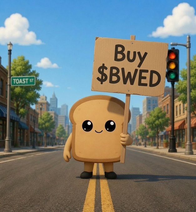 A 3D-style illustration of a cute anthropomorphic slice of bread character standing in the middle of a city street holding a cardboard sign that reads 'Buy $BWED', with a street sign labeled 'TOAST ST' visible in the background.