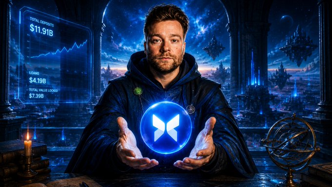 A man in a robe holds a glowing orb with the Morpho Labs logo, seemingly conjuring a futuristic city with floating islands and a data display showing "TOTAL DEPOSITS $11.91B." This image suggests Morpho Labs, backed by industry leaders like a16z, is a powerful new force in the DeFi lending and borrowing market, potentially challenging Aave's dominance.