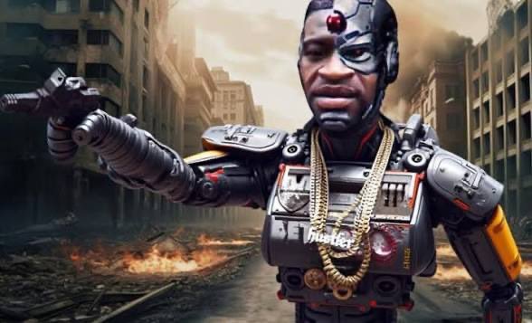 The image features a mannequin or toy figure dressed as a robot, with a gun in its hand. The figure has a serious expression on its face, giving off an impression of a robot soldier ready for action. The background shows a cityscape filled with buildings and rubble, suggesting that the scene is set in a war-torn area. The caption "Everything is a memecoin" implies that the image is related to a post about the current state of the world or a commentary on the chaos and destruction present in the depicted setting.