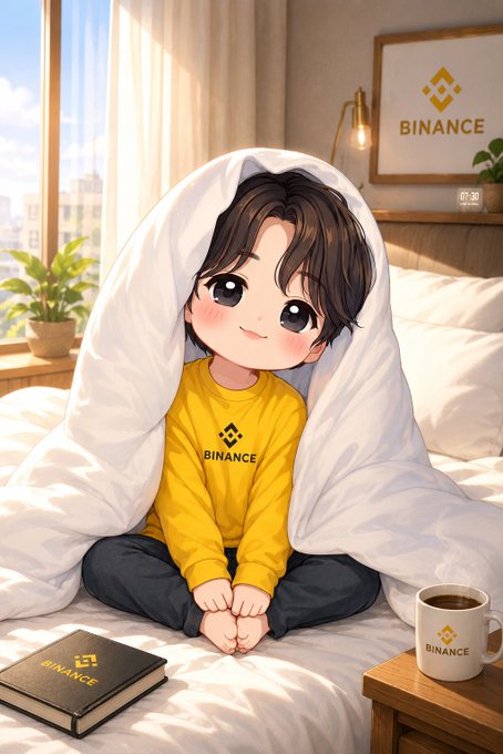 The image features a cartoon boy sitting on a bed with a book, coffee cup, and blanket over his head. The scene includes a window behind him that allows natural light into the room. The caption "Good morning Binance Family Stay Focused Stay Strong" is written in white text at the bottom of the image.