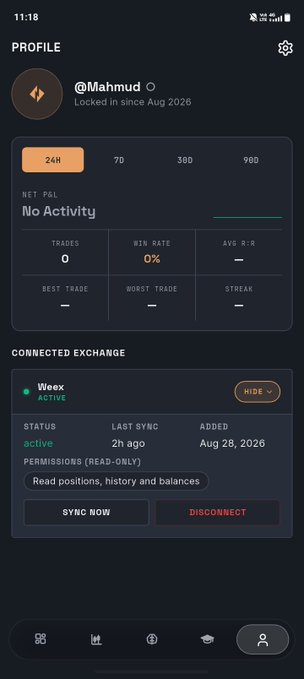 Mobile screenshot of a trading profile for user '@Mahmud' showing 'No Activity' with a connected WeeX exchange.