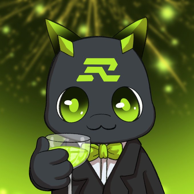 An anime-style illustration of a black cat character with green accents, wearing a tuxedo with a green bow tie, holding a glass of green liquid against a glowing green background.