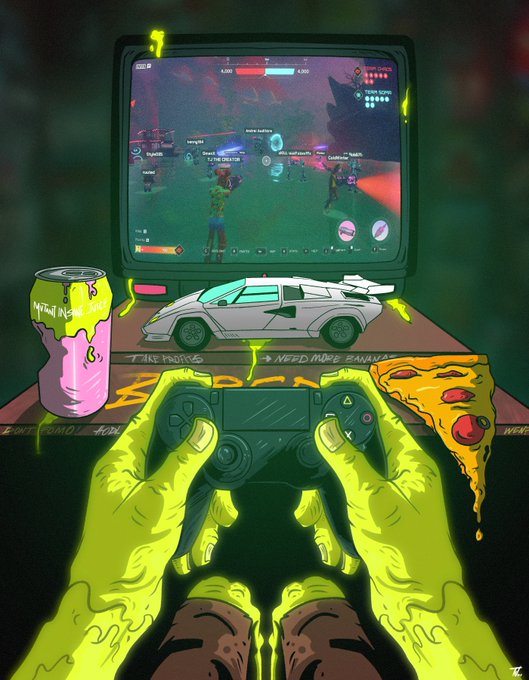 A neon green-toned illustration of hands holding a PlayStation controller, playing a video game on an old CRT TV, with a toy DeLorean, an energy drink can, and a slice of pizza on the table.