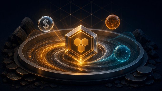 A digital art piece featuring a glowing hexagonal emblem with three smaller hexagon symbols inside, surrounded by coins including one with a dollar sign, set against a cosmic background.