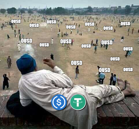 A man reclines on a brick ledge overlooking a large field filled with people and "OUSD" labels, with USDC and USDT coin icons prominently displayed in the foreground—visually representing the post's message that OUSD faces overwhelming competition from established stablecoins like USDT and USDC.