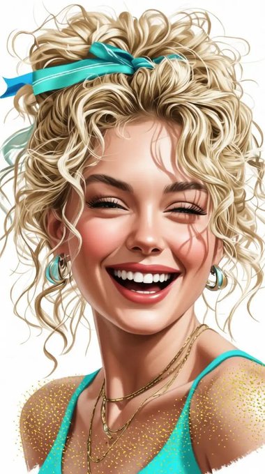 A digital illustration of a smiling blonde woman with curly hair tied up by a teal ribbon, wearing a turquoise top and gold necklaces.
