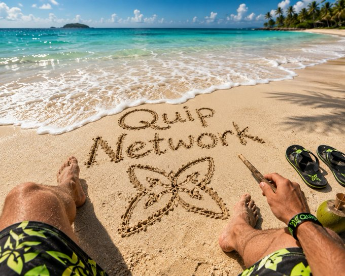 A tropical beach scene where the words 'Quip Network' are written in the sand with a butterfly drawing, showing a person's legs and flip-flops, with a coconut drink visible and ocean waves in the background.