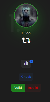 A profile image for user "@jjncck" is shown with a verification interface displaying "Check," "Valid," and "Invalid" buttons. The image relates to the post by serving as visual confirmation of the winner's username for the "$350 BTC GIVEAWAY" with the code "COJCAH."