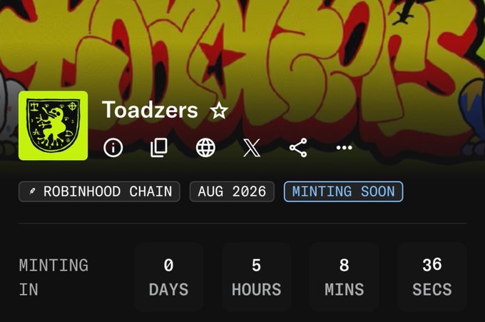 A countdown timer displays "MINTING IN 0 DAYS, 5 HOURS, 8 MINS, 36 SECS" for the "Toadzers" NFT collection on Robinhood Chain, with an expected mint date of August 2026 marked as "MINTING SOON." The interface features a graffiti-style banner background and shows a verified badge next to the project name.