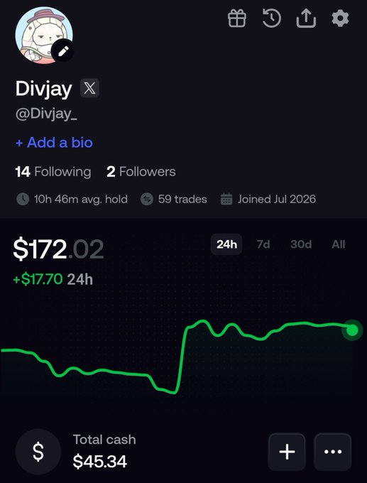 A mobile screenshot of a financial or trading app displays the profile name "Divjay" with the handle "@Divjay_", showing a portfolio value of "$172.02" (+$17.70 24h) and a green upward-trending line graph.