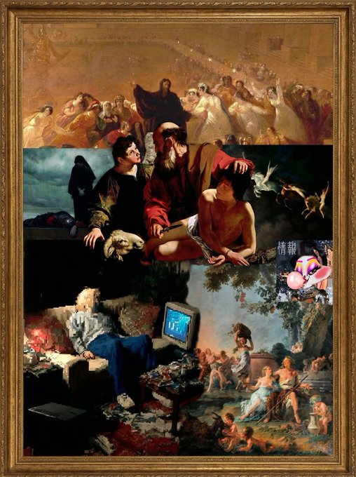 A framed digital collage artwork combining classical Renaissance-style paintings with modern pop culture elements, including a CRT television, cartoon characters, and chaotic interior scenes.