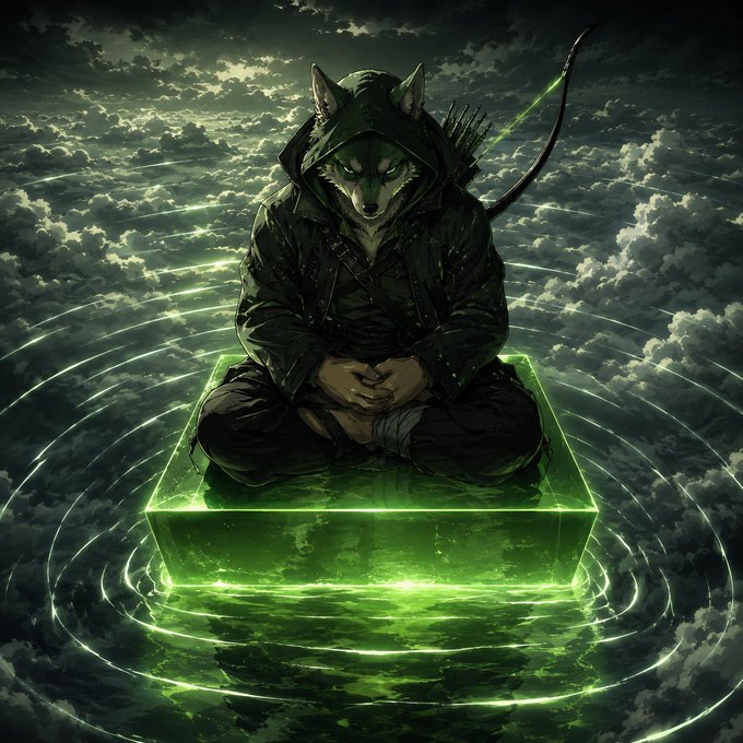 An anime-style digital illustration depicts a wolf-like character in dark clothing sitting cross-legged on a glowing green block suspended in a cloudy sky.