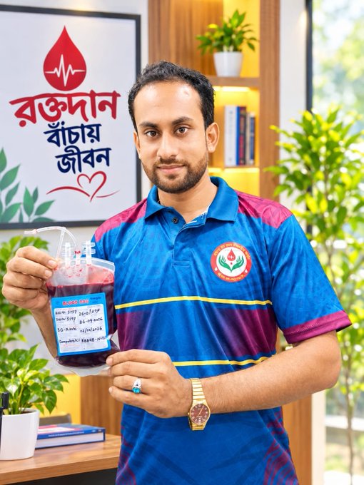A man wearing a blue and red polo shirt with a logo, holding a blood donation bag labeled 'রক্তদান' (blood donation) in Bengali, standing in front of a 'রক্তদান বাঁচায় জীবন' (Blood donation saves life) banner.