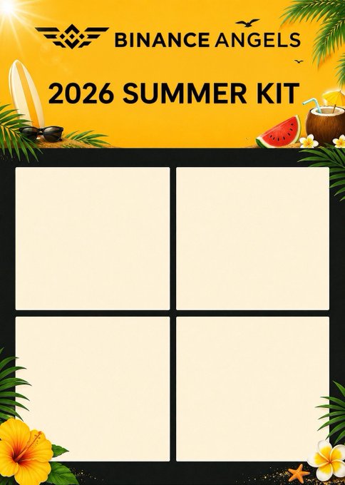 A promotional graphic for the "Binance Angels 2026 Summer Kit" featuring tropical beach-themed decorations (sunglasses, coconut drink, watermelon, hibiscus flowers, palm leaves) on a bright orange background, with four empty yellow boxes that would presumably showcase the winning entries from the Summer Time Challenge's Top 15 winners.

Note: The image appears to be a template or kit display rather than showing the actual winners—the boxes are blank and would need to be filled with the winning content from users like @abu4risay, @ducpickbigwin, @0xLuuck, @N44192674Nata, @chirag_agrwl15, @CheranSanketh, @AnimalsLvr7, and @Redjohn_Nyxon, who split 300 USDC.