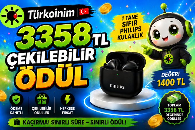 A promotional advertisement for Türkcoinim featuring Philips earbuds as a prize worth 1400 TL, with a total withdrawable prize of 3358 TL and Turkish flag imagery.
