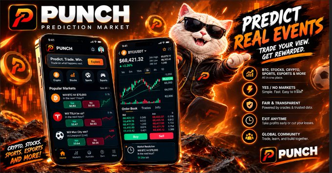 An advertisement for PUNCH Prediction Market featuring a cat in sunglasses, promoting crypto, stocks, and sports prediction trading with a "Predict Real Events, Trade Your View, Get Rewarded" message.