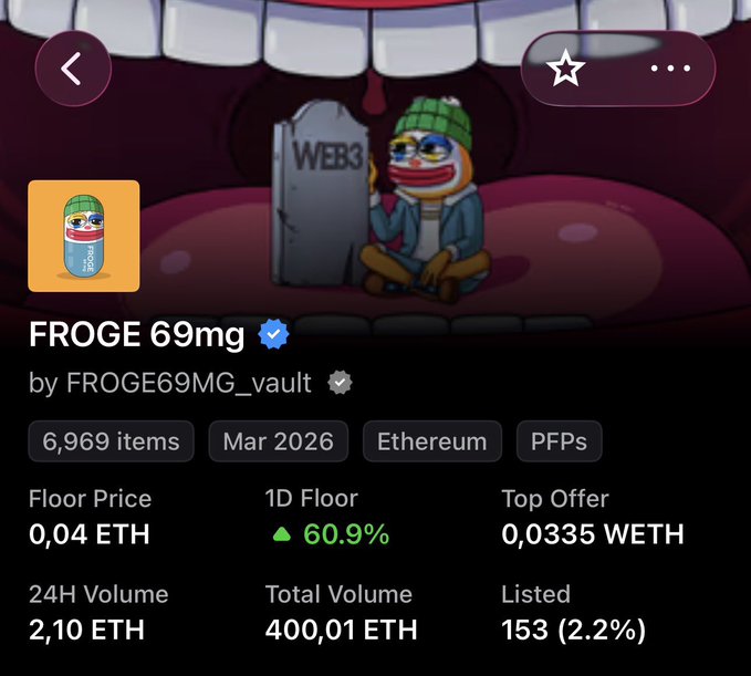 NFT collection page on OpenSea for "FROGE 69mg" by FROGE69MG_vault, showing 6,969 items on Ethereum with a floor price of 0.04 ETH and 24H volume of 2.10 ETH.