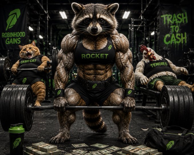 A humorous fitness-themed image showing a muscular raccoon lifting weights with the text 'ROCKET' on its shirt, flanked by a cat ('CASH CAT') and a chicken ('TENDIES'), with banners reading 'ROBINHOOD GAINS' and 'TRASH TO CASH' in the background.