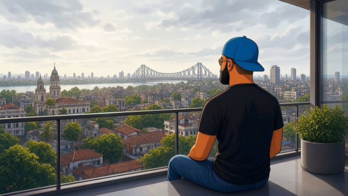 A stylized illustration of a man in a blue cap sitting on a high-rise balcony and looking out over a city, waterfront, and bridge.
