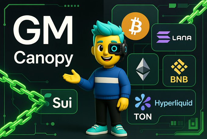 A crypto mascot in blue gear gestures toward 'GM Canopy' alongside logos for Sui, Bitcoin, Solana, BNB, Hyperliquid, and TON, set against a green chain-link background.