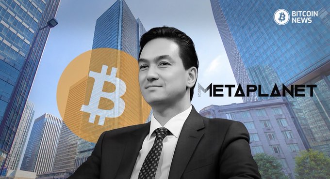 A smiling businessman in a suit stands in front of a city skyline, with a Bitcoin logo and the "METAPLANET" wordmark displayed, alongside a "BITCOIN NEWS" badge—visually linking Metaplanet's strategic reduction of stock option dilution to its Bitcoin-focused corporate identity.