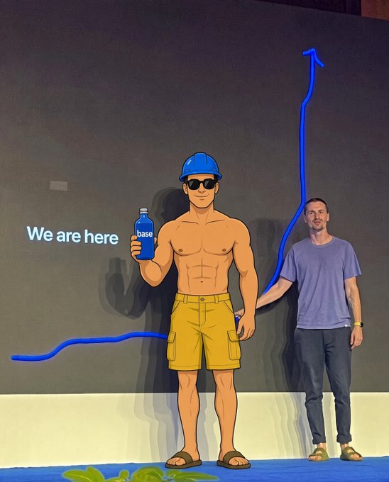 A man in a gray t-shirt and jeans stands next to a life-size cardboard cutout of the Base 'builder' mascot—a muscular cartoon man in a hard hat holding a blue water bottle labeled 'base'—with a blue 'We are here' growth arrow on the wall behind them.