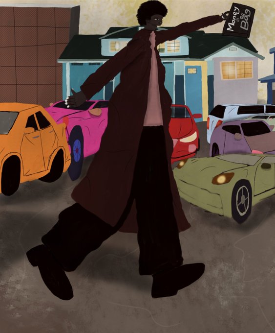 A confident figure in a long brown coat stands triumphantly in a driveway filled with luxury cars (pink, orange, green, and white), holding up a bag labeled "Money" and a briefcase labeled "BAG." The image visually represents wealth and prosperity, aligning with the post about "Living in Wealth" (2025) as a manifestation of financial abundance.