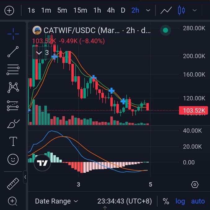 A dark-themed financial trading chart displaying the CATWIF/USDC pair over a 2-hour timeframe, showing a significant price decline with candlestick patterns, moving averages, and MACD indicator.