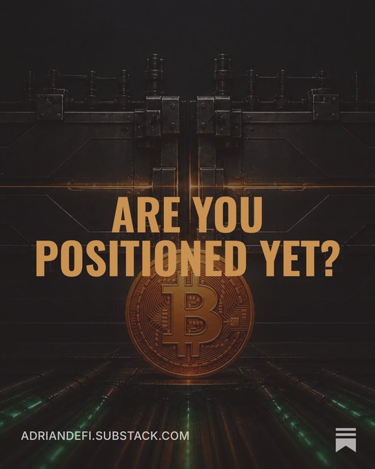 A glowing Bitcoin symbol sits inside what appears to be a high-security vault, overlaid with the bold text "ARE YOU POSITIONED YET?" — visually reinforcing the post's message that bullish on-chain signals (Bull Score rising from 30 to 80, all 6 wallet cohorts accumulating) have emerged ahead of price confirmation, with $83K as the key level to watch. The image is branded with adriandefi.substack.com.