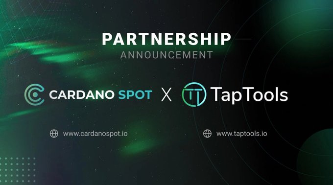 This image announces a partnership between Cardano Spot and TapTools, with their respective websites www.cardanospot.io and www.taptools.io displayed.