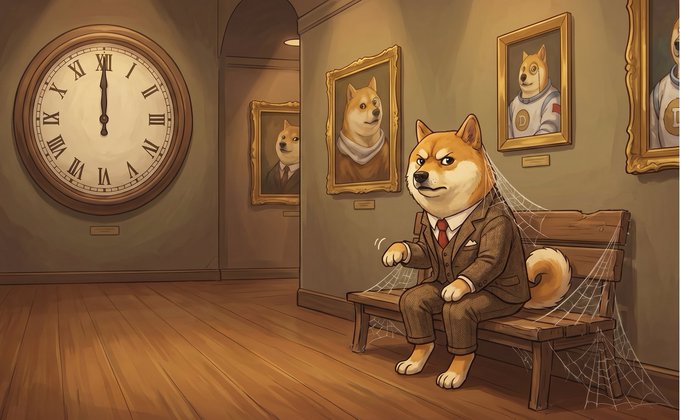 The image features a cartoon dog sitting on a bench, wearing a suit and tie, with a spider web around its neck. The scene takes place inside an art gallery or museum setting, as indicated by the presence of several framed pictures hanging on the wall behind the dog. The clock in the background shows that it is almost 2:00 pm, suggesting that the image was taken during daylight hours.