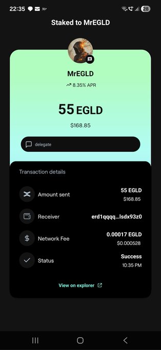 The image shows a cell phone screen displaying information about an online transaction, likely related to staking cryptocurrencies like Ripple or Ethereum. The text suggests that the user has recently stake another 55Egld, and there are some questions being asked about the transaction status. There is no visible person or object in the image; it focuses on the digital information on the phone screen rather than a physical scene.