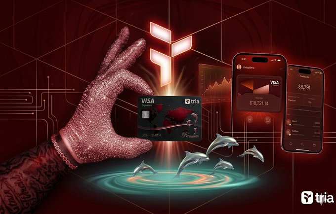 The image features a hand holding a black Visa card with a red "Visa" logo, surrounded by various electronic devices such as a smartphone, tablet, and laptop displaying information about Bitcoin transactions. The background of the image is red, which complements the overall theme of the post.