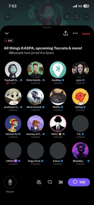The image shows a phone screen with a social media app displaying a list of people's names, including one named "kaspa", which stands for Kasparov. The app also has a message that says "All things Kaspa, coming Tocata & more!". There are several other posts and messages on the app as well.