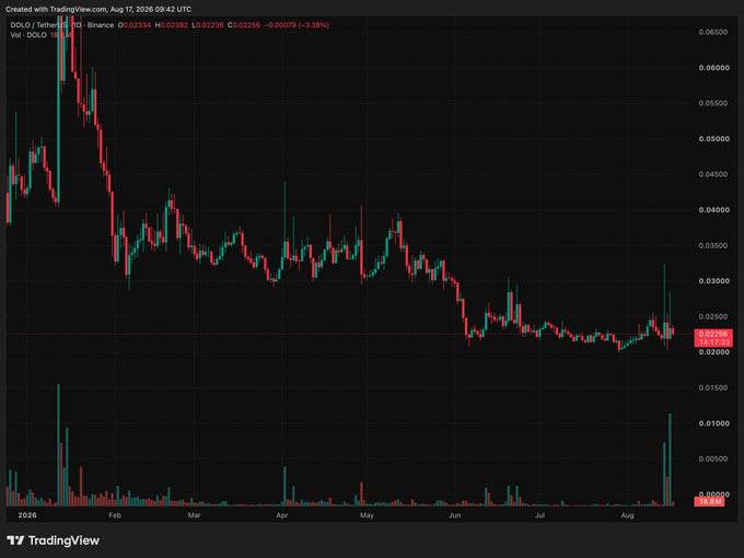 A TradingView candlestick chart shows the price of DOLO/USDT on Binance, with a significant recent price spike visible on the right side.